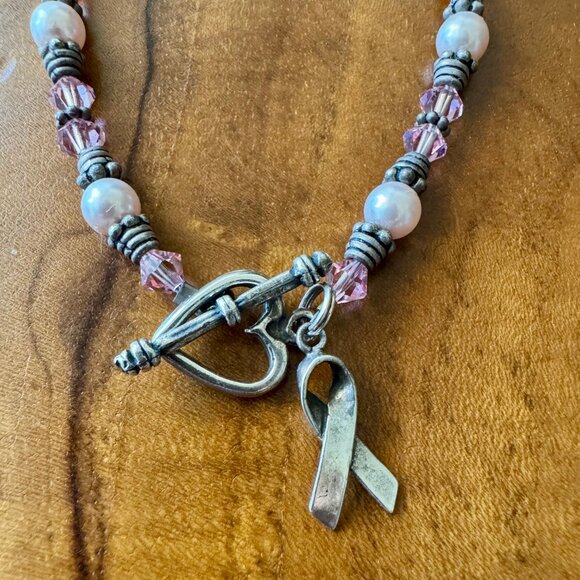 Sterling Silver + Pink Bead Breast Cancer Awareness Bracelet - Picture 2 of 8